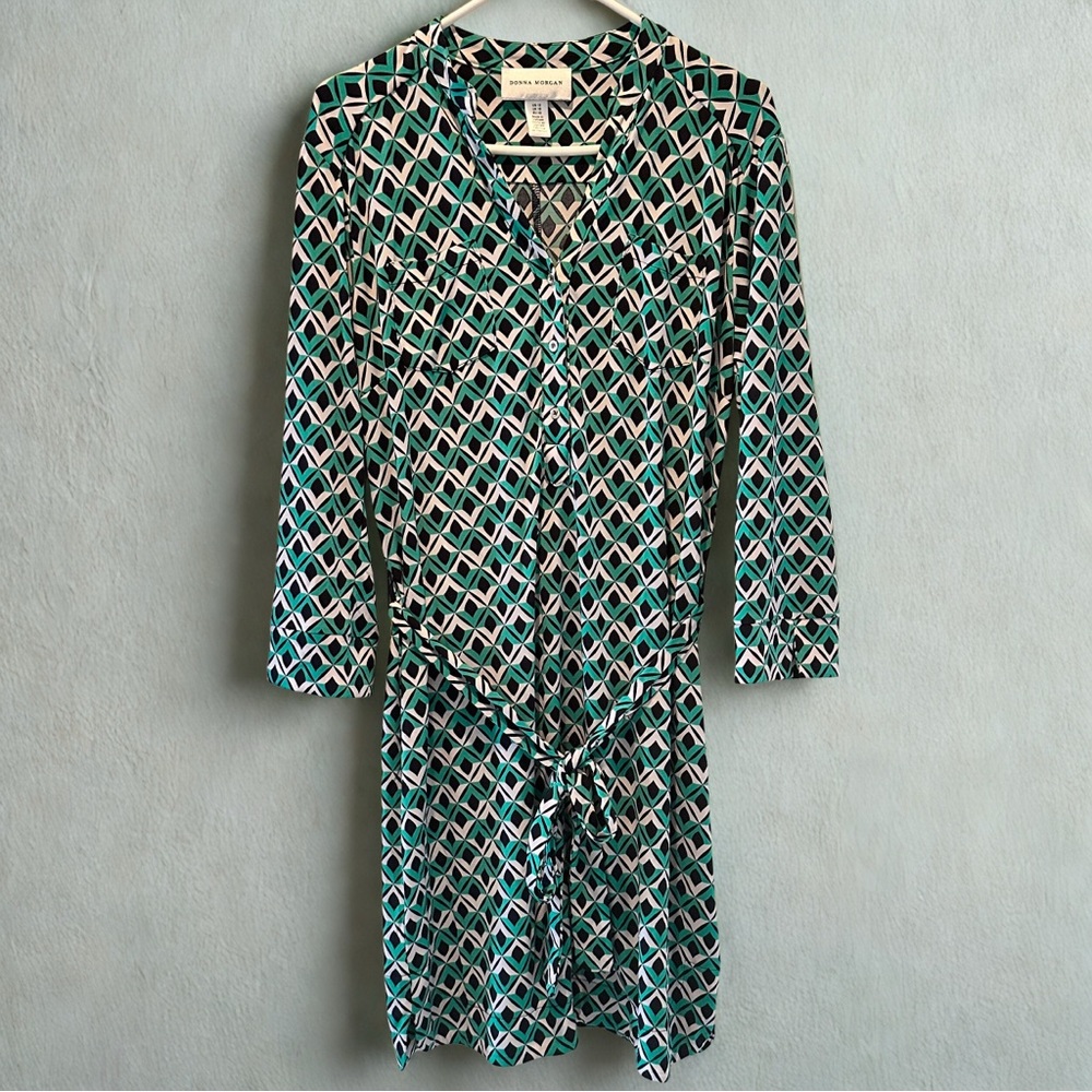 Donna Morgan Size 12 Geometric Shirt Dress Belted Teal Navy Office Comfortable